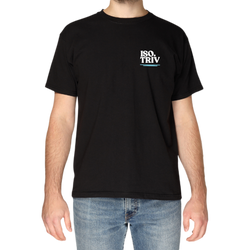 Model wearing black 'IsoTriv' tshirt - front