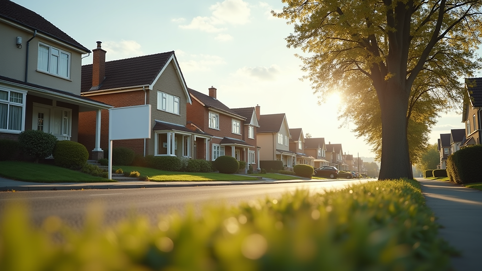 Eye-level view of a suburban neighborhood with houses for sale