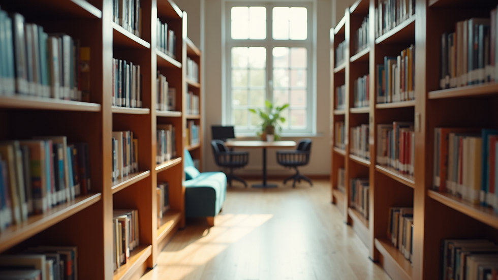 Eye-level view of a cozy local education hub with bookshelves and seating