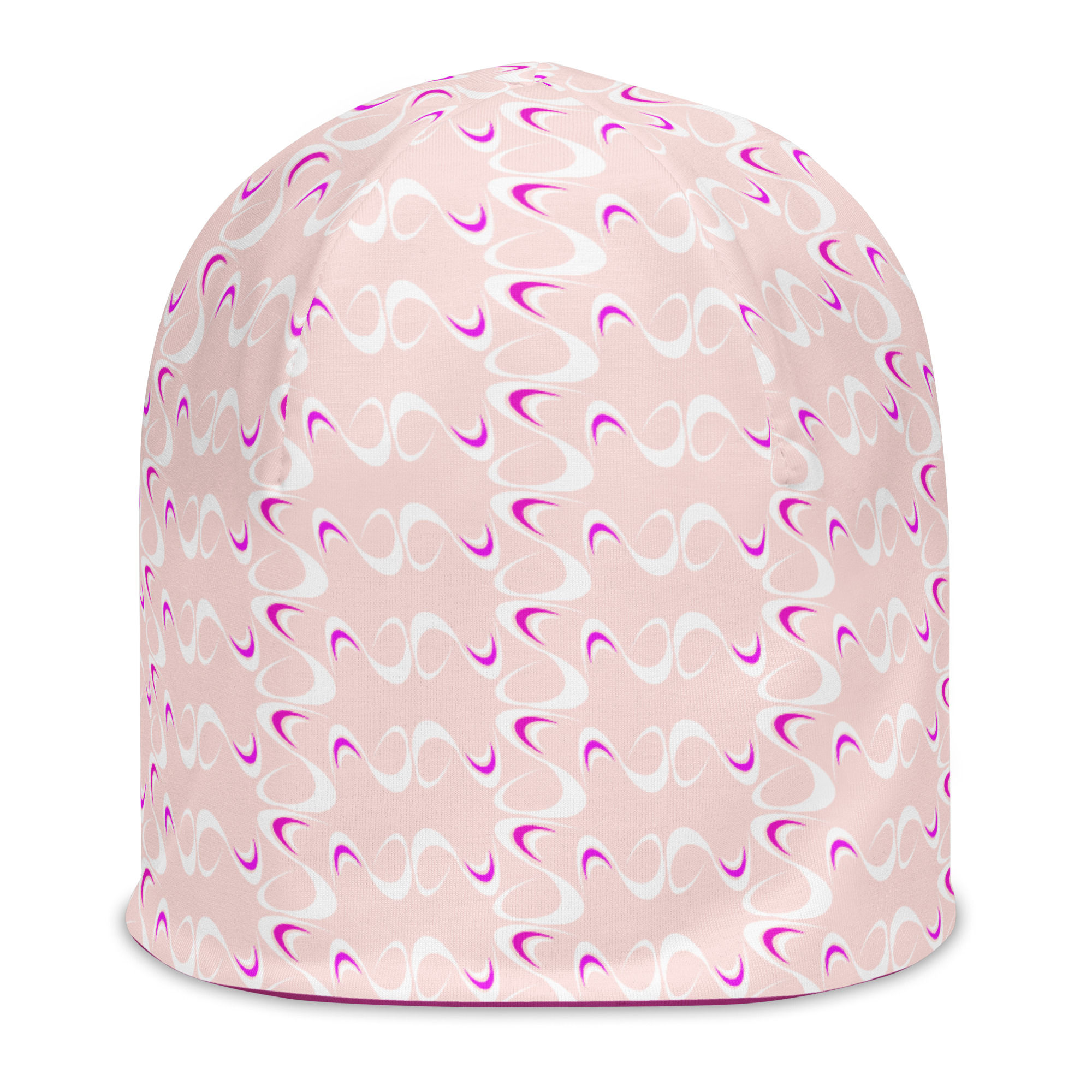 this is an image of a woven  beanie hat  in pink featuring an adaptation of the company logo into a lovely iconic pattern  