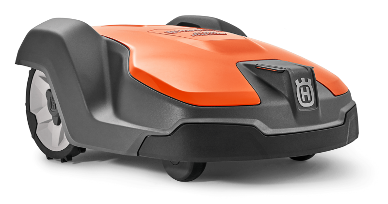 Tondeuse robot Stiga, orange et grise, vue arrière