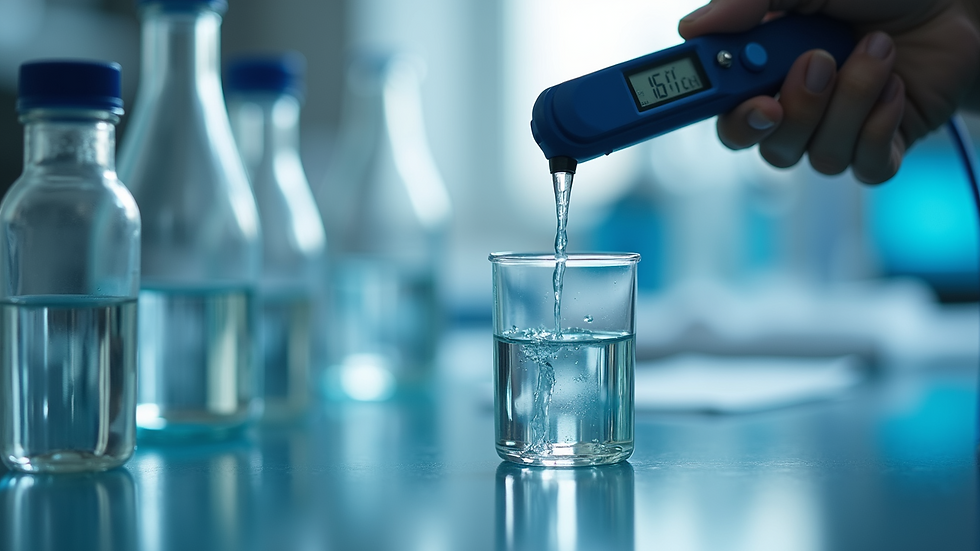 High angle view of water sample testing in laboratory with conductivity meter