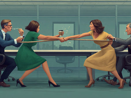 Illustration zum Thema psychologische Effekte in Organisationen: Zwei Teams ziehen im Sitzungszimmer an einem Seil, Kaffee spritzt, Sinnbild für Teamdynamik, Konflikte und Change.