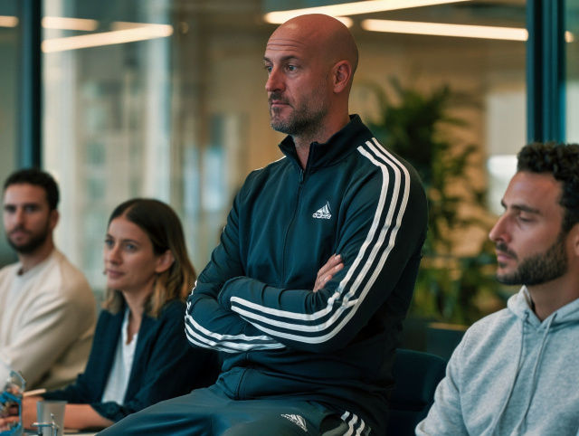 Führungskräfte-Burnout: Nachdenklicher Head Coach eines Sportteams im Sportanzug sitzt mit verschränkten Armen in einem modernen Meetingraum zwischen Mitarbeitenden.
