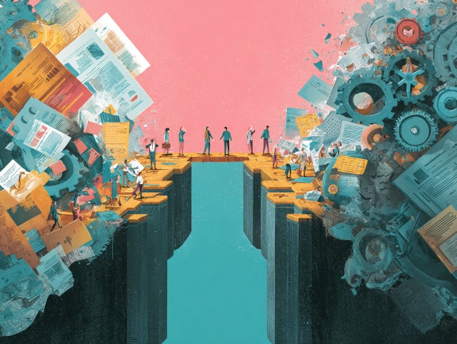 Illustration zum Thema Trends verankern: Ein Team baut eine Brücke zwischen Trendwissen, Berichten, Daten und organisationaler Umsetzung.