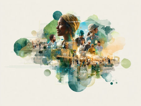Collage zu Social Entrepreneurship mit vielfältigen Menschen, nachhaltiger Stadtentwicklung und gemeinschaftlicher Innovation.