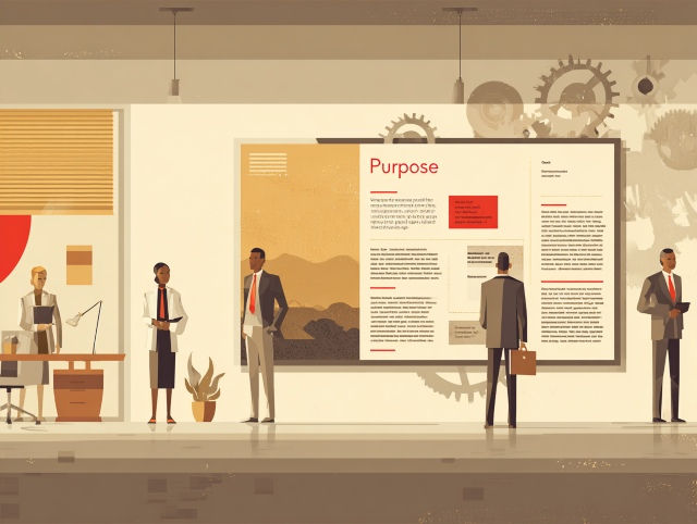 Flat-Design-Illustration zu Corporate Purpose: Mitarbeitende stehen in einer modernen Bürolobby vor einem grossen Purpose-Poster, während Zahnräder im Hintergrund Sinnstiftung, Unternehmenskultur und gelebte Führung symbolisieren.