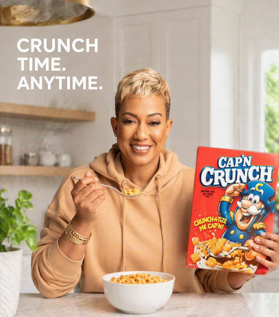 Person in tan hoodie smiling, holding a spoon of Cap'n Crunch cereal and its box. Text: "CRUNCH TIME. ANYTIME." Kitchen setting.