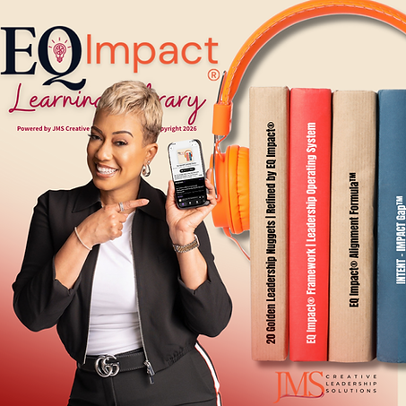 Womanstanding excited pointing at her phone with writing above her that says EQ Impact Learning Library