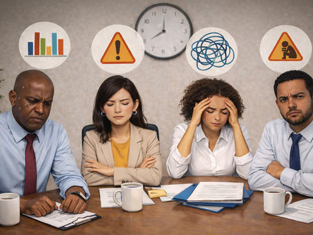 Four people in a meeting room, appearing stressed, with thought bubbles showing bar charts, warnings, and scribbles.
