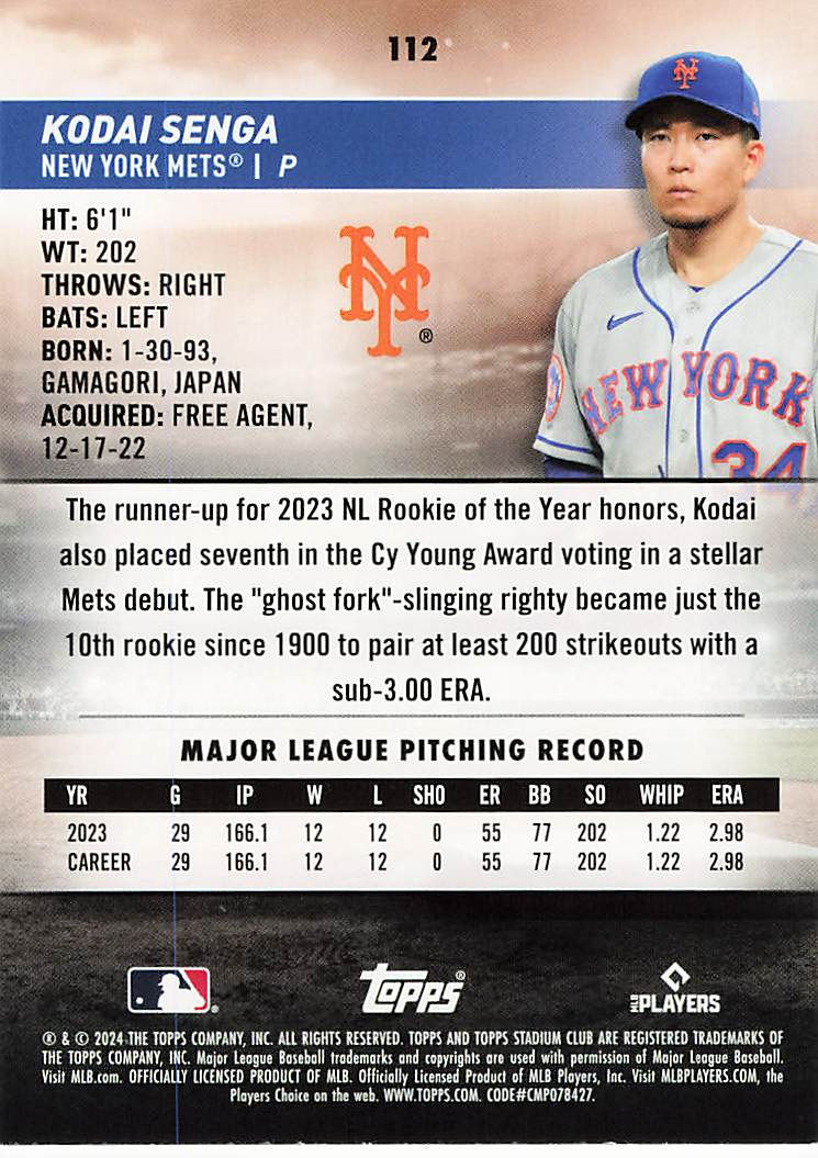 Kodai Senga 2024 Topps Stadium Club Baseball Card No 112