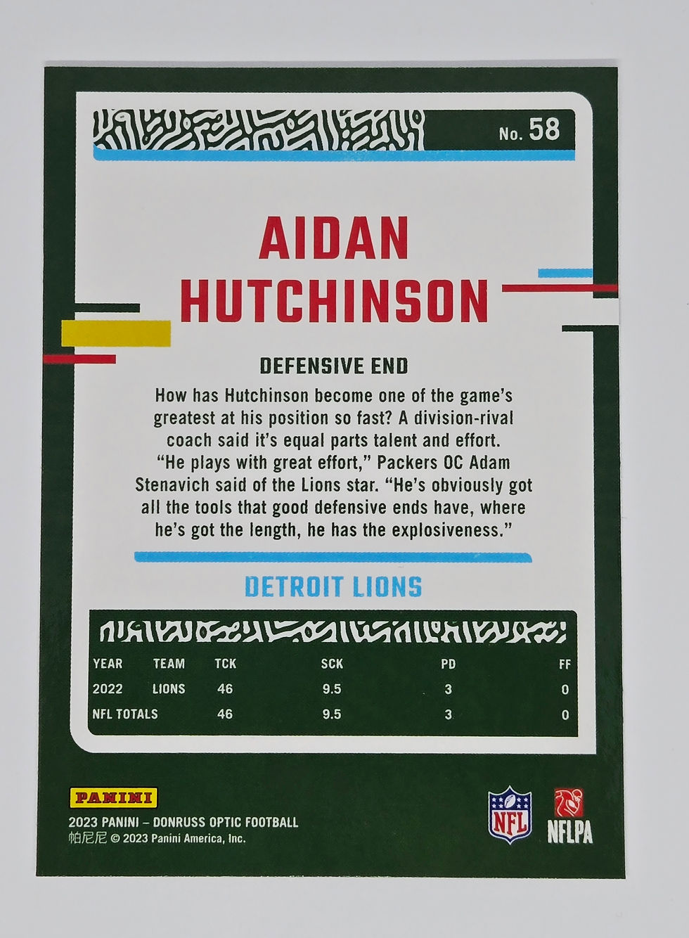 Thumbnail: Aiden Hutchinson 2023 Panini Donruss Optic Football Card No 58 (DET)