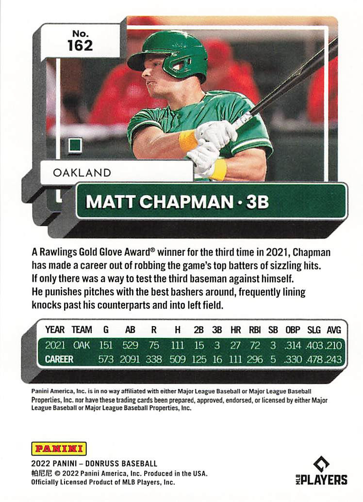 Matt Chapman 2022 Panini Donruss Baseball Card No 162 (A's)