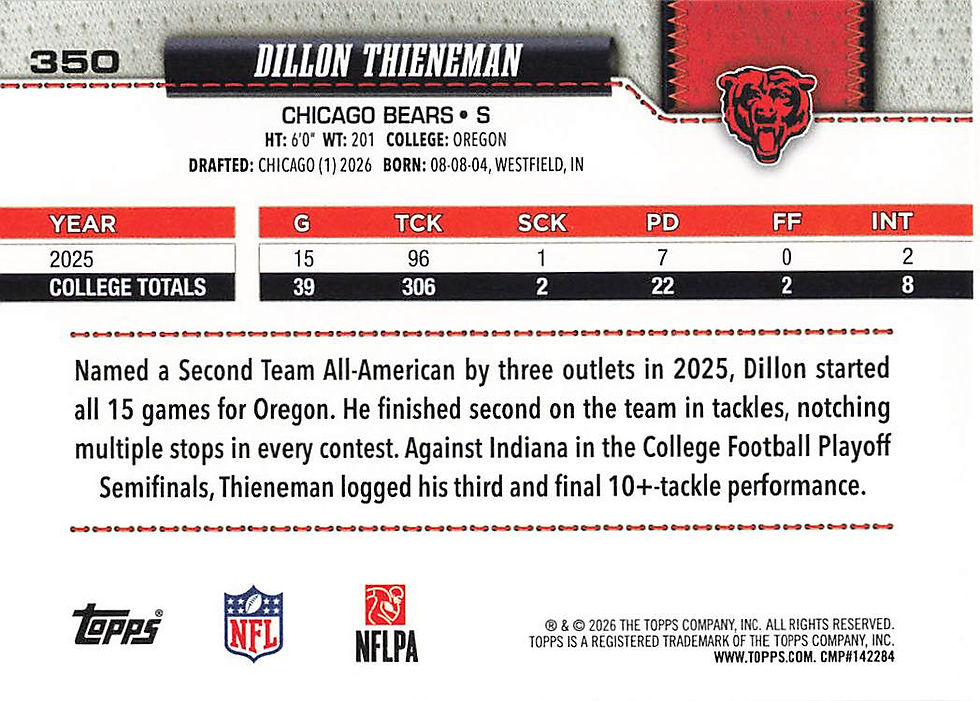 Dillon Thieneman 2026 Topps Flagship Football Card No 350 (Bears)