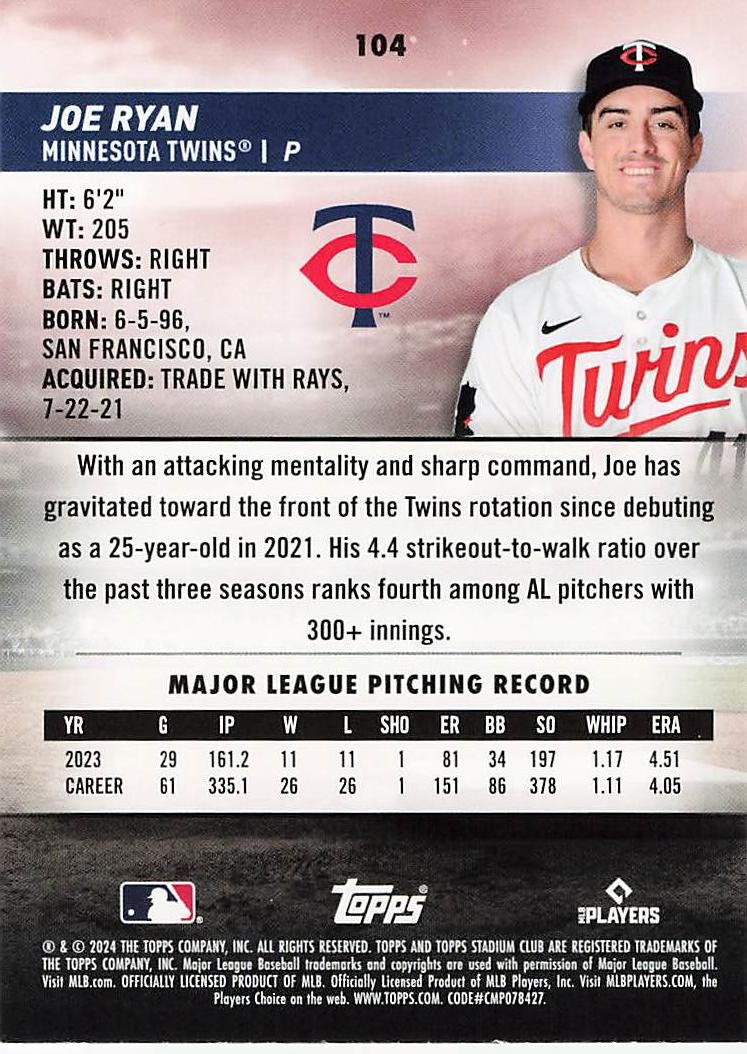 Joe Ryan 2024 Topps Stadium Club Baseball Card No 104 (Twins)