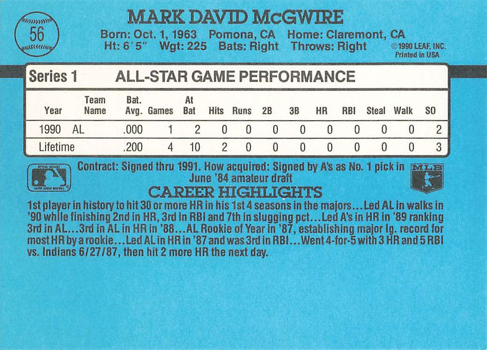 Mark McGwire 1991 Donruss Baseball All Star Card No 56