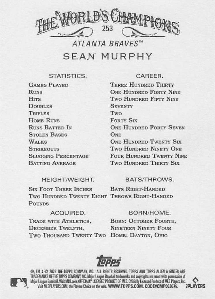 Sean Murphy 2023 Topps Allen and Ginter Baseball Card No 253