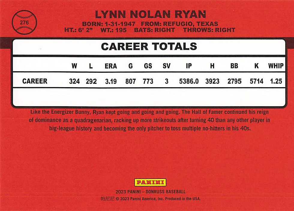 Thumbnail: Nolan Ryan 2023 Panini Donruss Baseball Card No 276 (Texas)