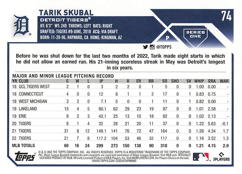 Tarik Skubal 2023 Topps Series 1 Baseball Card No 74