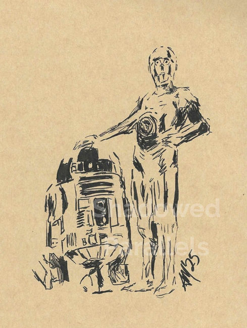C3PO and R2D2 Pen and Ink 5" x 6" Original Artwork