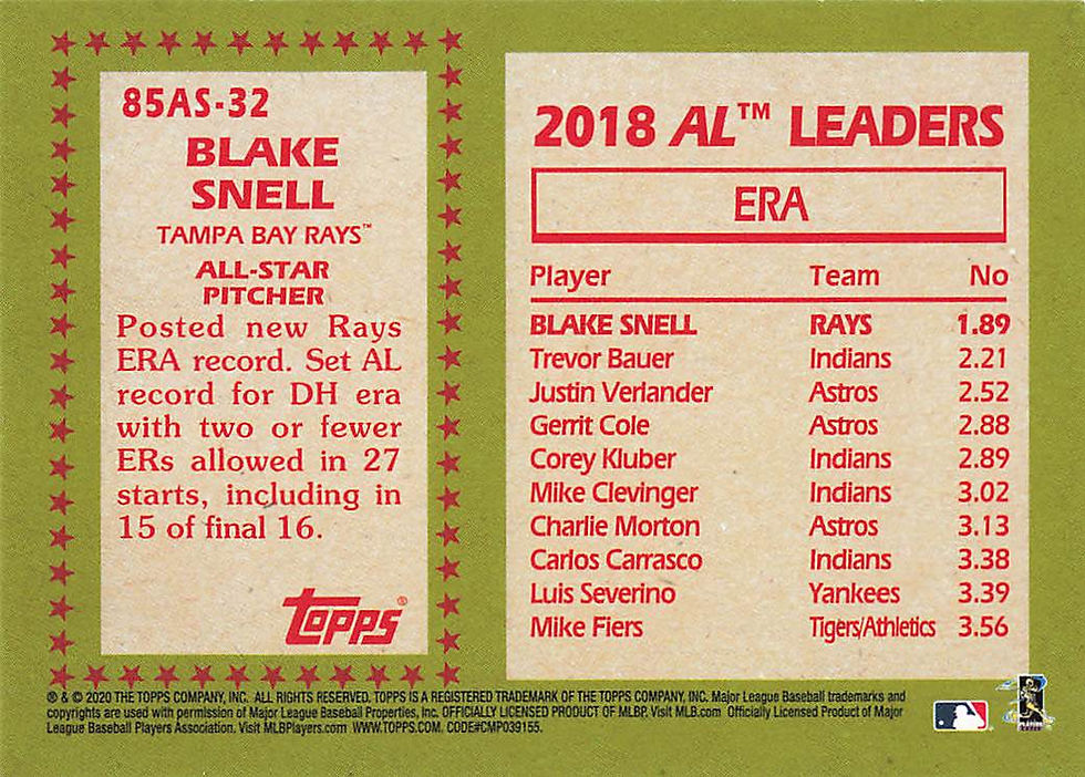 Blake Snell 2020 Topps Series 2 85th Anniversary Insert Card No 85AS-32 (TB)