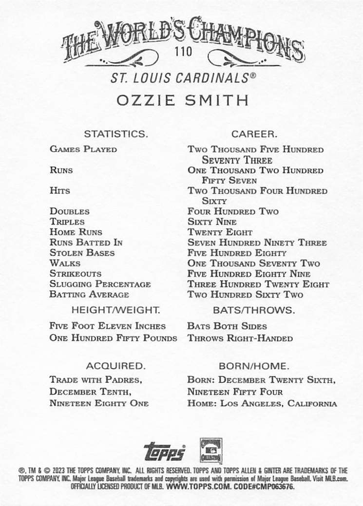 Ozzie Smith 2023 Topps Allen and Ginter Baseball Card No 110