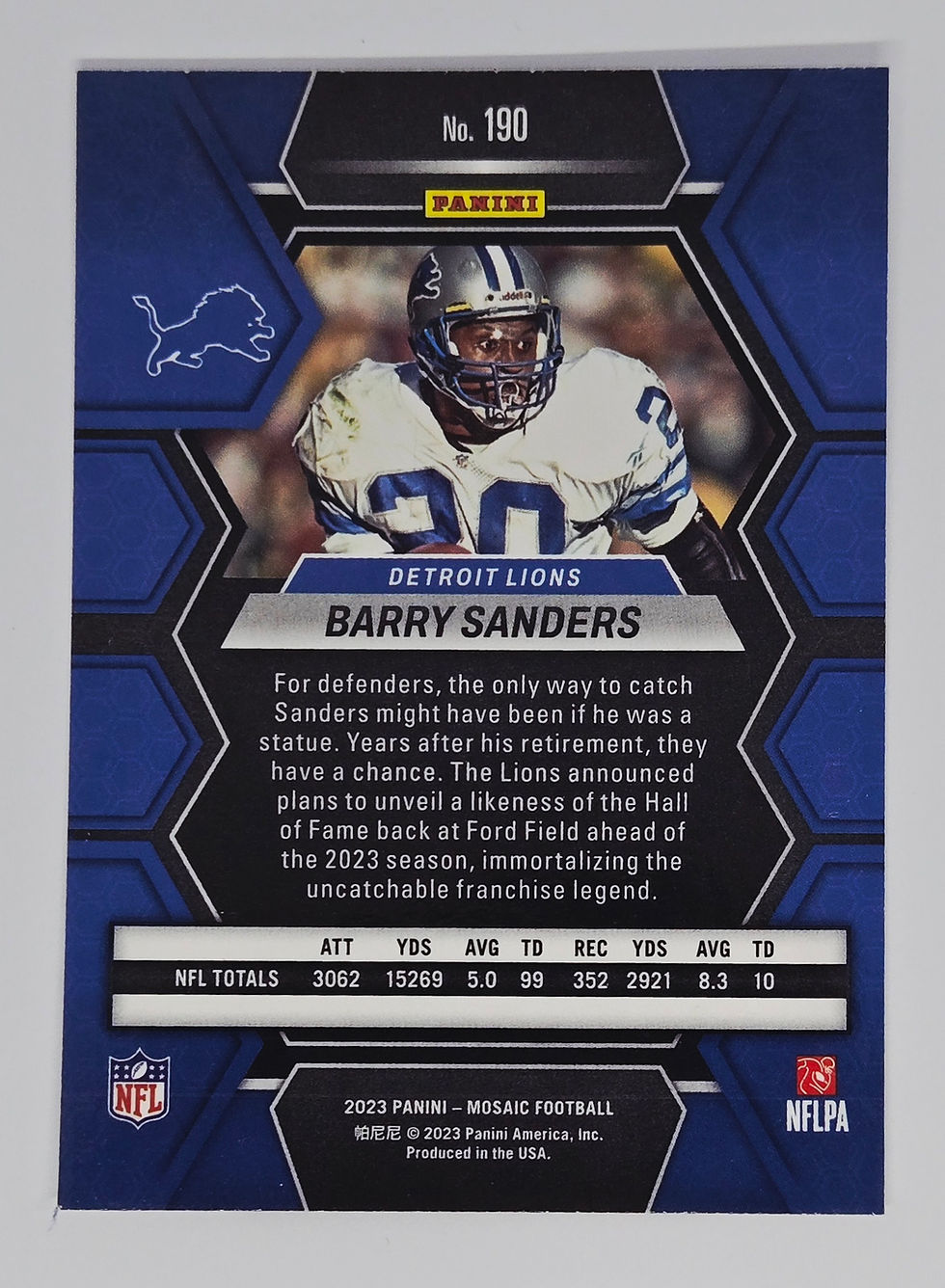 Barry Sanders 2023 Panini Mosaic Football Card No 190 (Detroit)