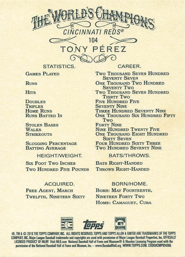Tony Perez 2019 Topps Allen and Ginter Baseball Card No 104