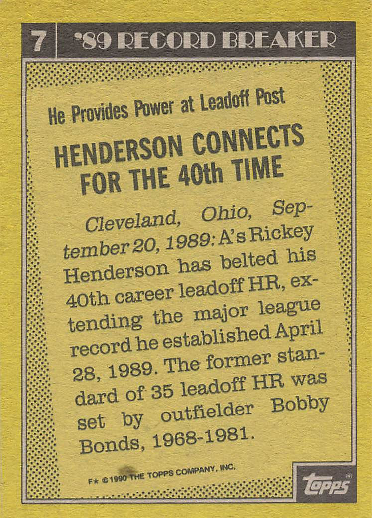 Rickey Henderson 1990 Topps Baseball Record Breaker Card No 7 (A's)