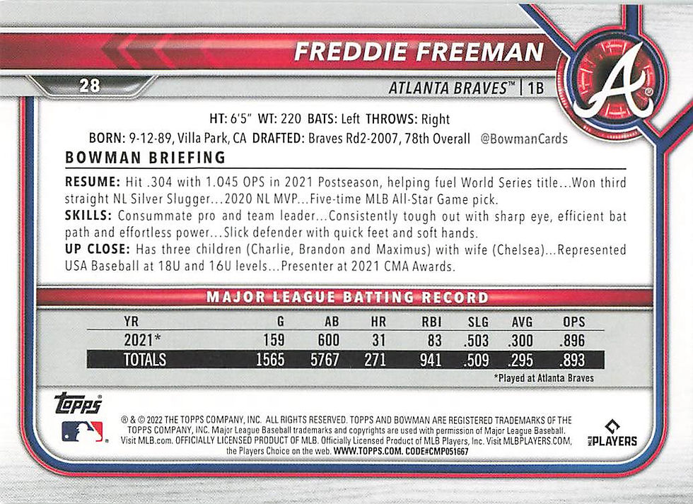 Thumbnail: Freddie Freeman 2022 Bowman Baseball Card No 28 (ATL)