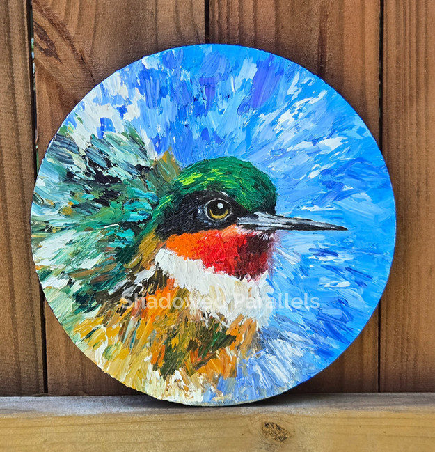 Ruby - Hummingbird Oil Painting on 12 x 12" Round Ready to Hang Canvas