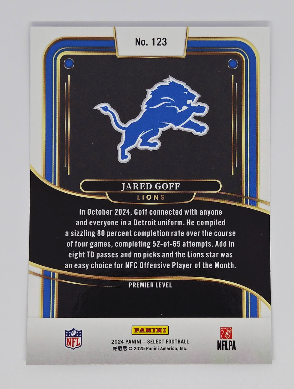 Jared Goff 2024 Panini Select Football Premier Level Card No 123 (Lions)