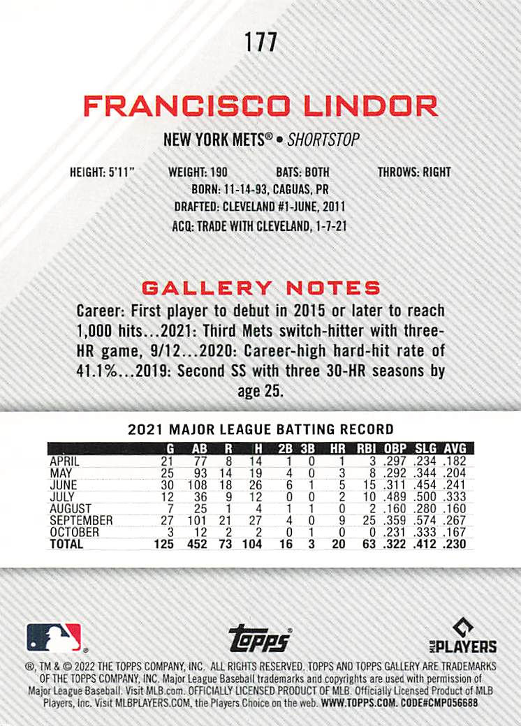 Francisco Lindor 2022 Topps Gallery Baseball Card No 177