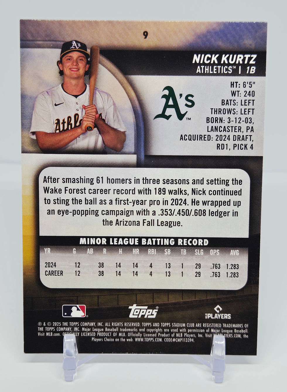 Nick Kurtz 2025 Topps Stadium Club Baseball Rookie Card No 9 (A's)