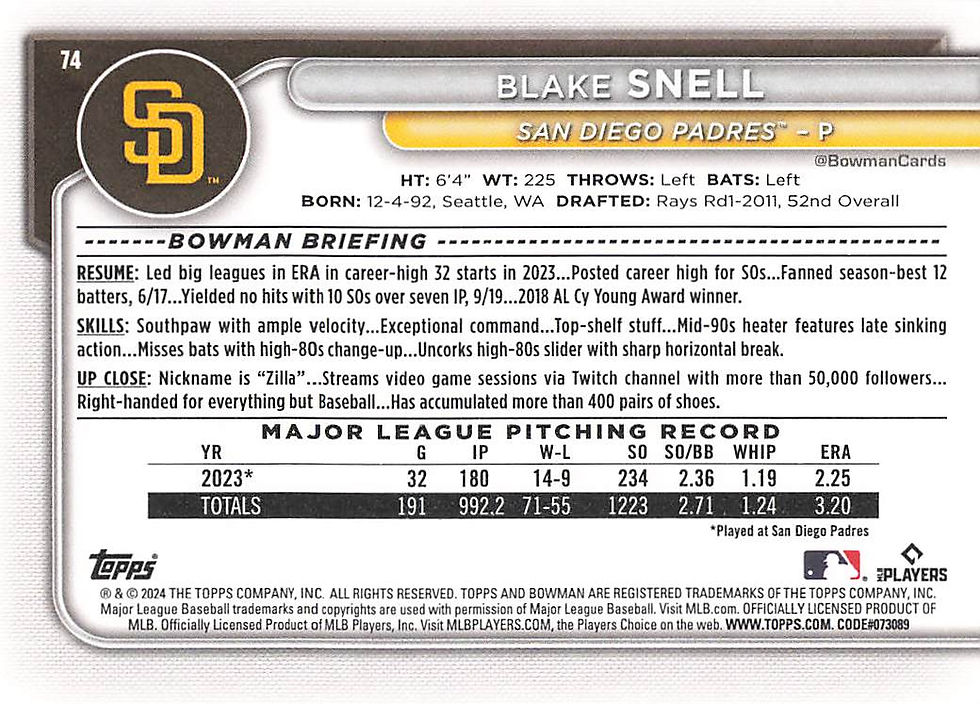 Blake Snell 2024 Bowman Baseball Card No 74