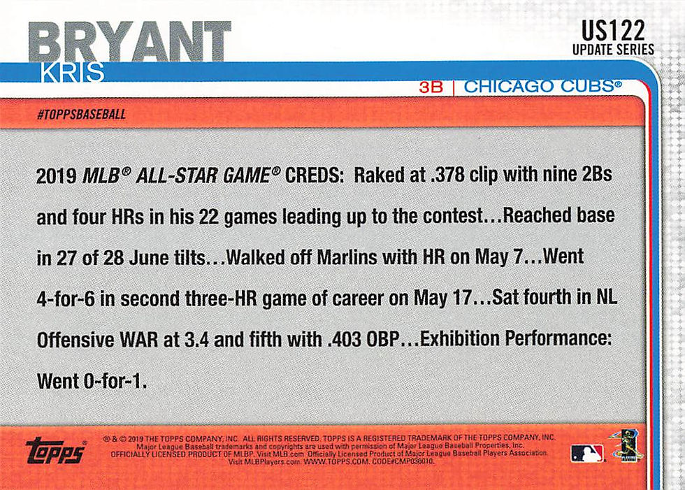 Kris Bryant 2019 Topps Update Series MLB All-Stars Insert Card No US122 (Cubs)