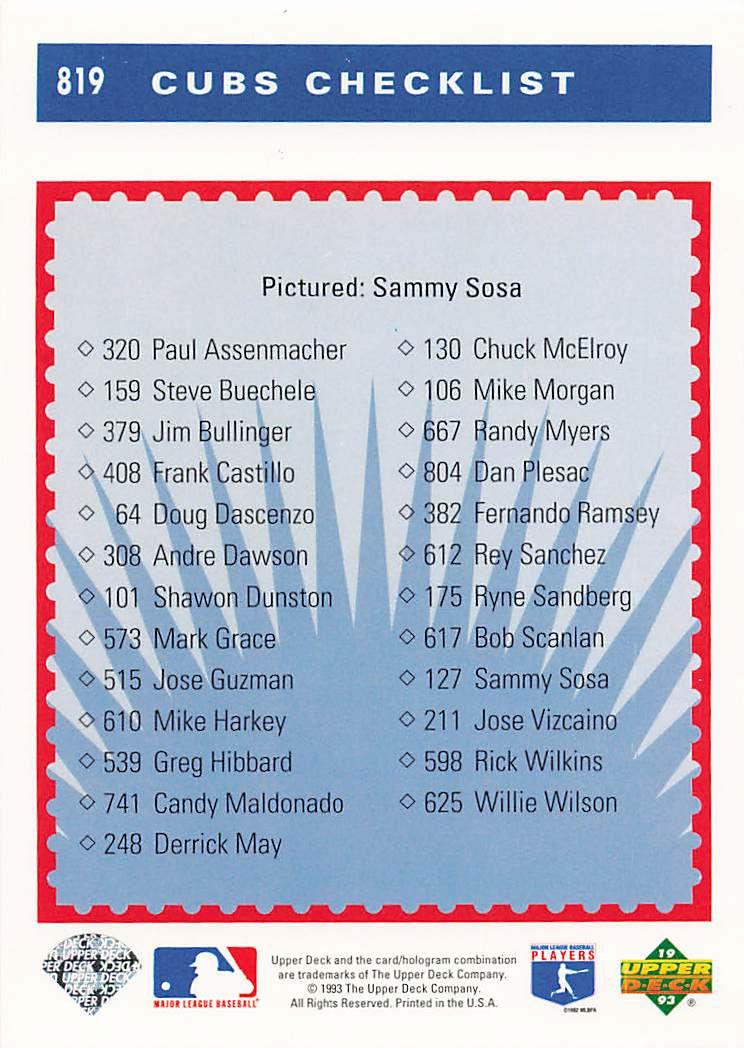 Thumbnail: 1993 Upper Deck Collector's Choice Team Checklist Cards 819-825