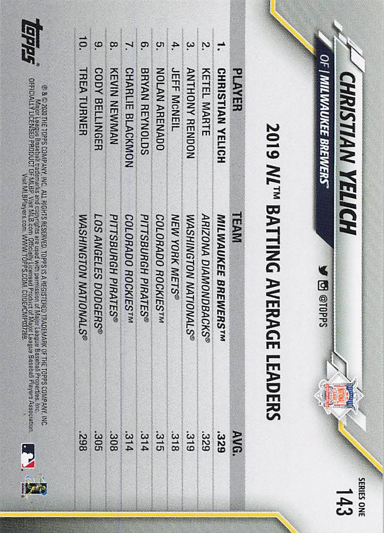 Thumbnail: 2020 Topps Series 1 Baseball League Leaders Select from Drop-Down Menu