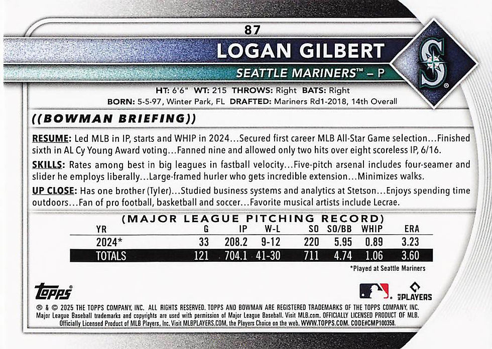 Logan Gilbert 2025 Bowman Baseball Card No 87 (SEA)