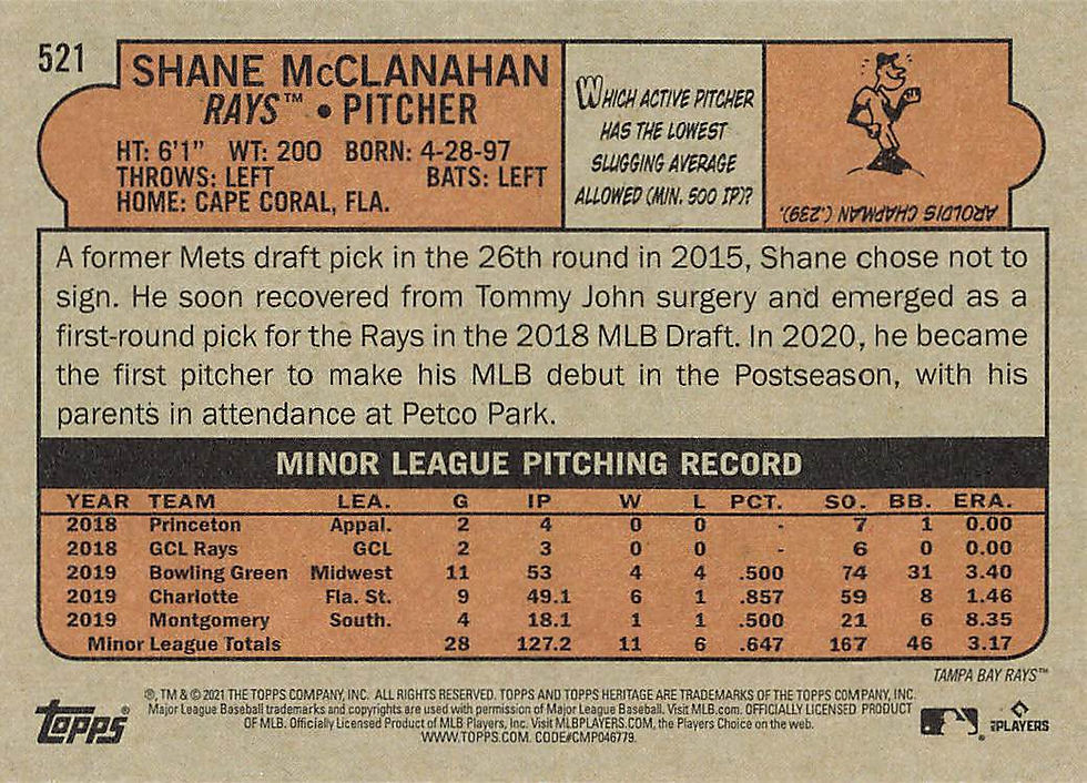Shane McClanahan 2021 Topps Heritage Baseball Rookie Card No 521 (TB)