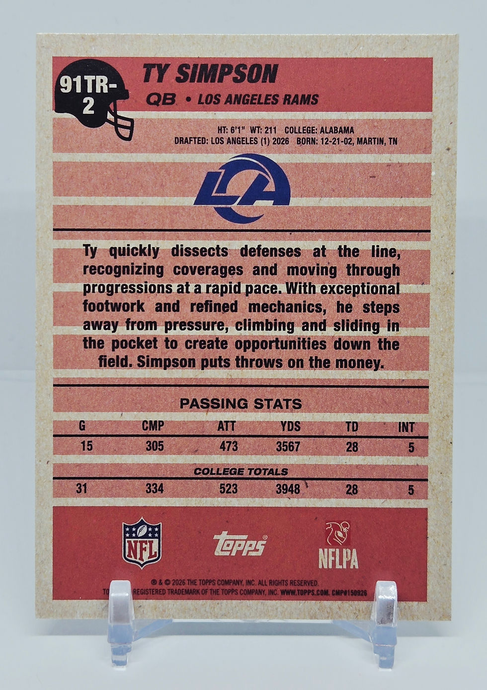TY Simpson 2026 Topps Flagship Football "1991 Topps" Rookie Insert No 91TF-2