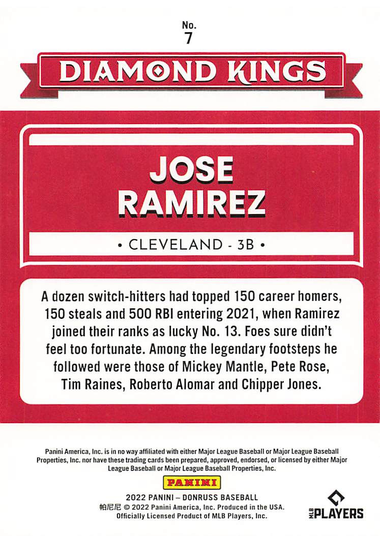 Jose Ramirez 2022 Panini Donruss Baseball Diamond Kings Insert Card No 7