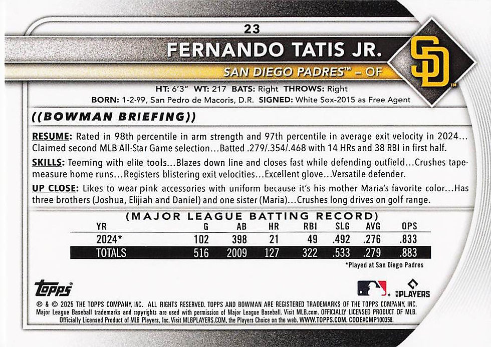 Fernando Tatis Jr 2025 Bowman Baseball Card No 23 (SD)