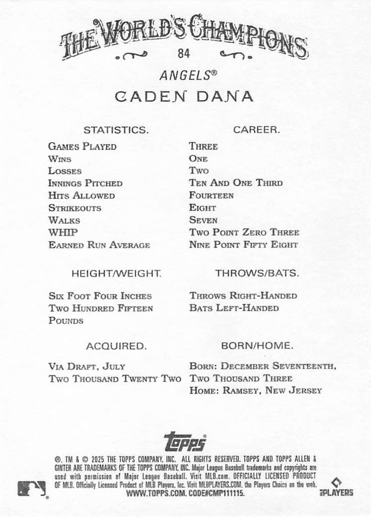 Caden Dana 2025 Topps Allen and Ginter Rookie Card No 84 (LAA)