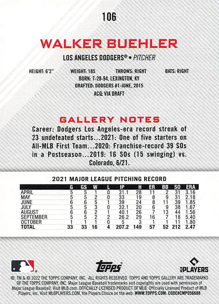Walker Buehler 2022 Topps Gallery Baseball Card No 106
