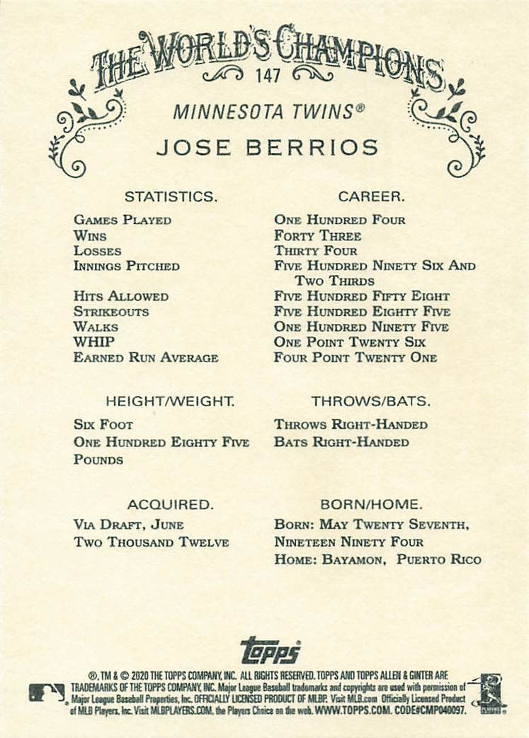 Jose Berrios 2020 Topps Allen and Ginter Baseball Card No 147 (Twins)