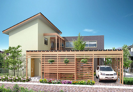 デザイナーズプラン019  緑と共存するナチュラルな外観の住宅です。各部屋が自然と繋がるよう、中庭を囲むL字型のプランを採用しました。浴室を含むどの部屋からもシンボルツリーを望むことができます。         特徴 ： 納戸 ／ フリースペース ／ 中庭 テイスト ： ナチュラルモダン