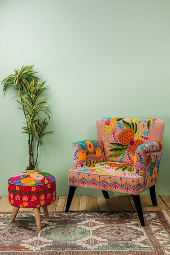 Multi Coloured Embroidered Pink Velvet Arm Chair Circa 21