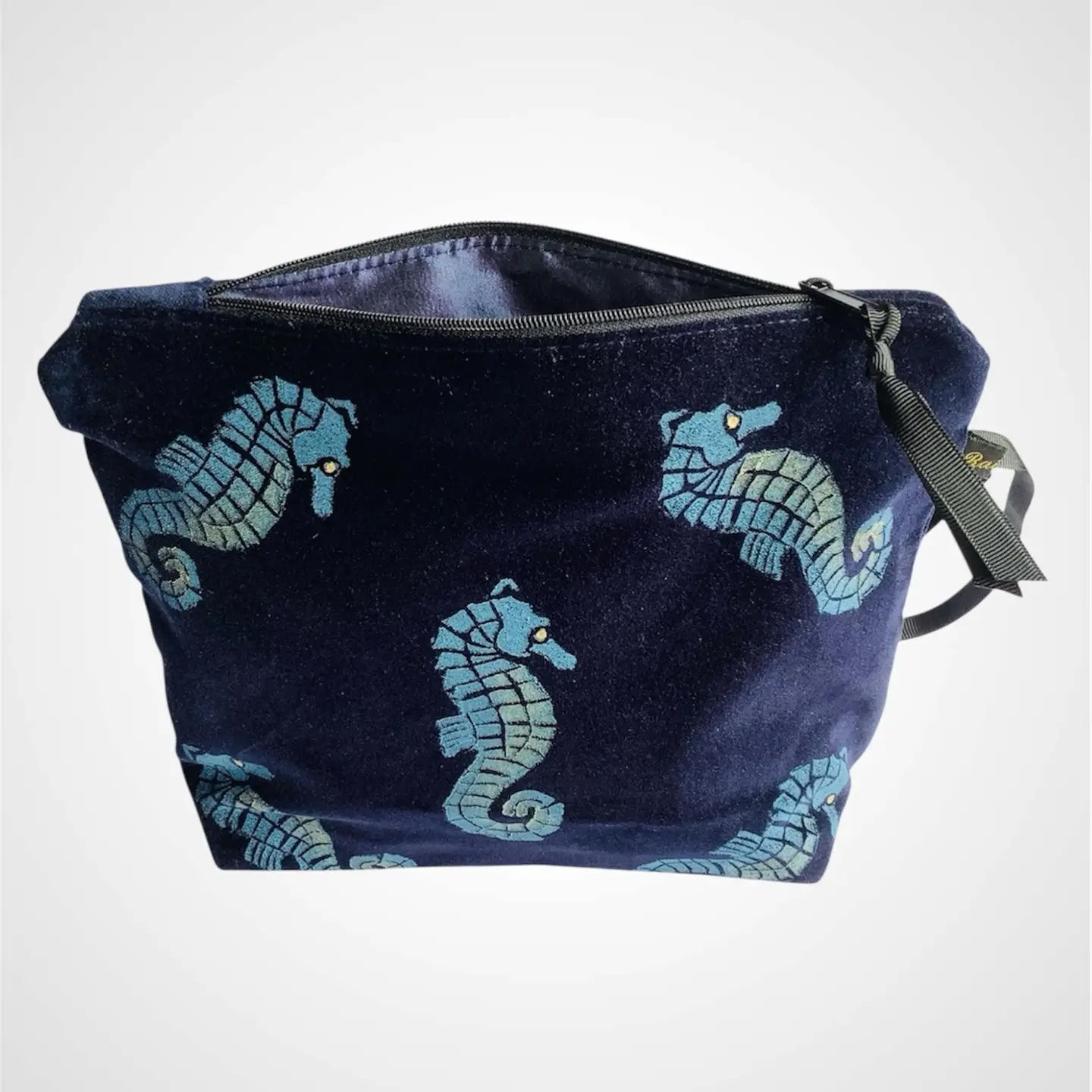 Navy Blue Seahorses Velvet Makeup Bag