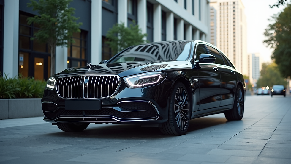 Eye-level view of a luxury black sedan parked in front of a modern office building